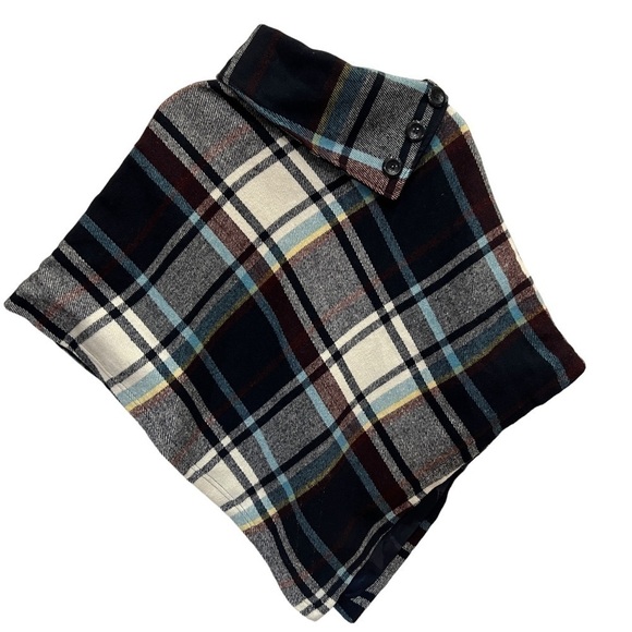 LAST KISS Navy Blue Plaid Wool Blend Cape Poncho, Size Small - Picture 1 of 15
